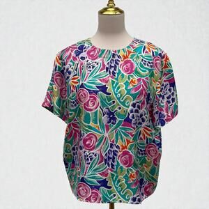 VTG Anna & Frank Boxy Silk Top Blouse Md Colorful Maximalist Resortwear Bold 90s